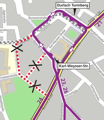 Umleitung Buslinien_Durlacher Altstadtfest 2019 © OpenStreetMap – Mitwirkende
